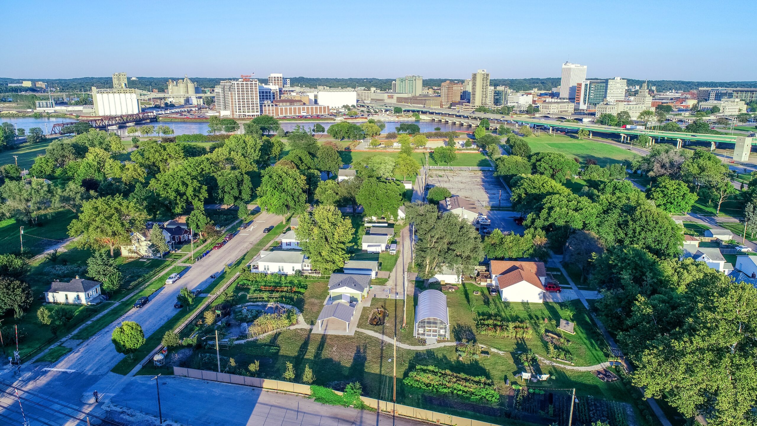 urban farm view with cedar rapids skyline