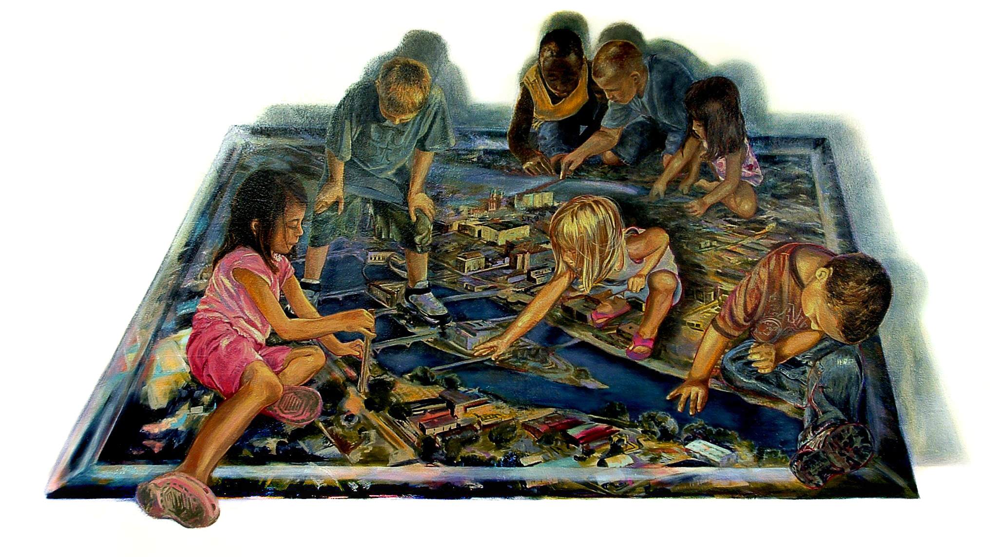 mural of children adding new bridges to the landscape