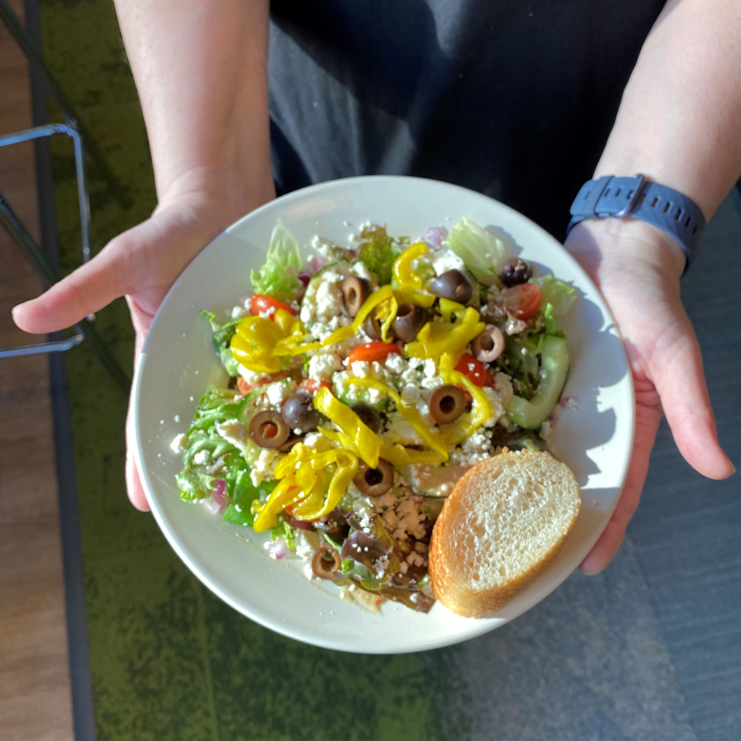 hands holding a plate of food