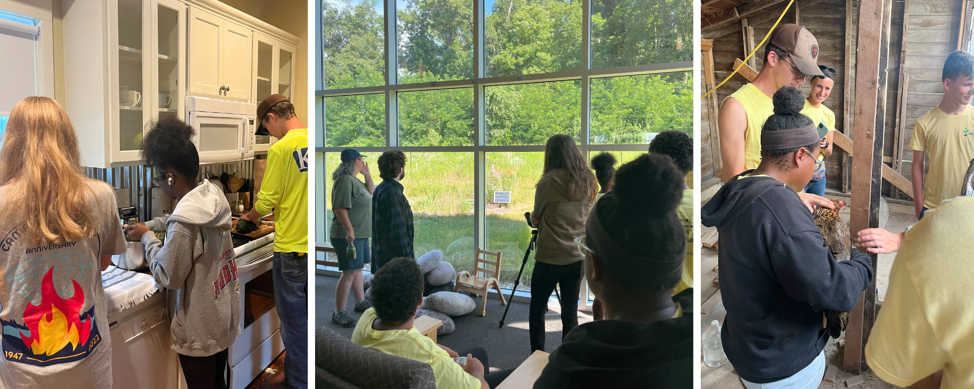 three photos from the youth development program, one of them baking in the Farmhouse, one of the students at indian creek nature center, and one of the students learning about chickens with a student holding a chicken